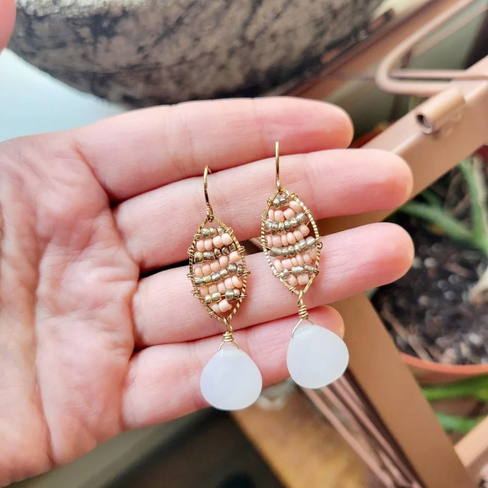 Handmade Pink & White Beaded Dangle Drop Hook Earrings
